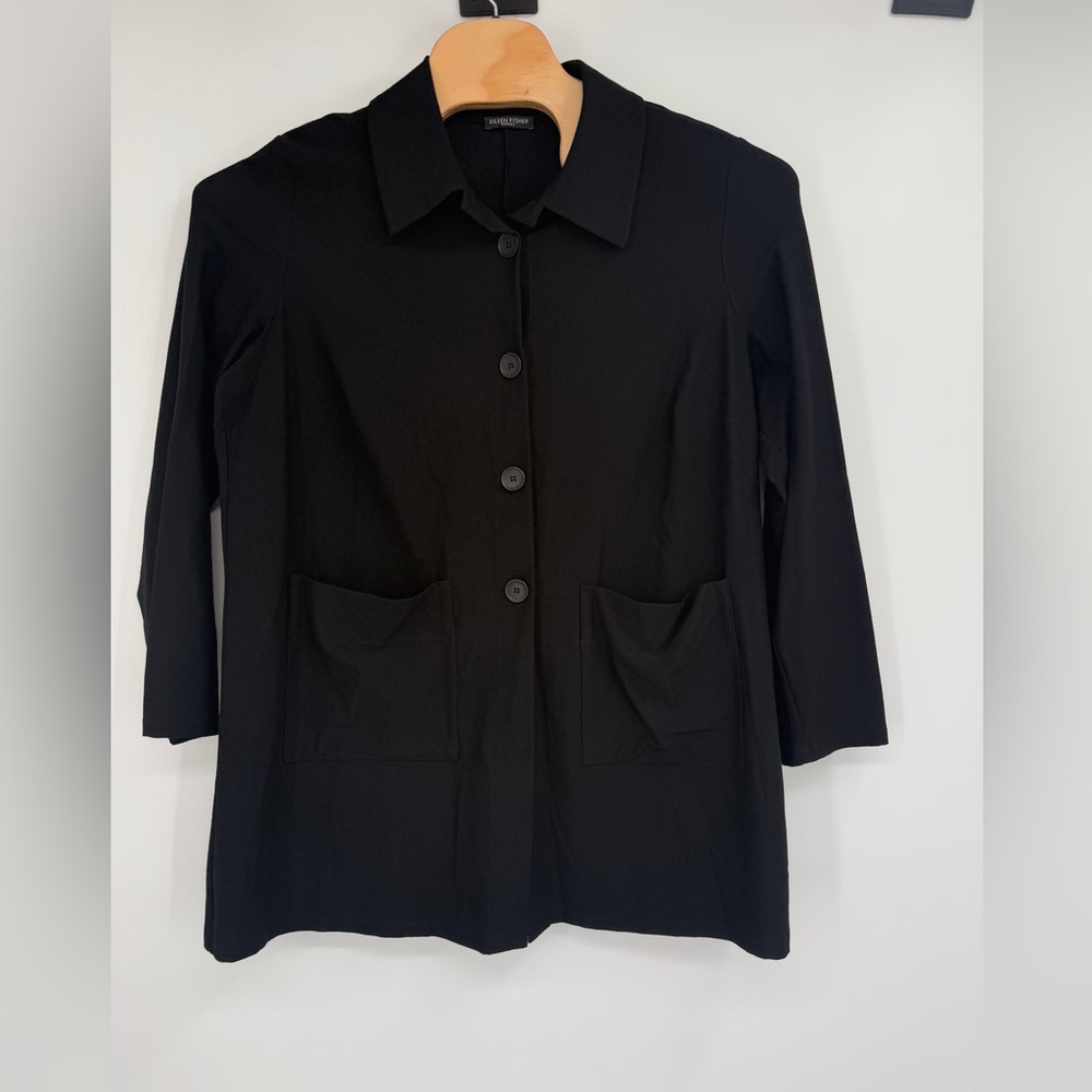 EILEEN FISHER Jacket Stretch Crepe Button Front Cardigan‎ Black Pockets Sz L?